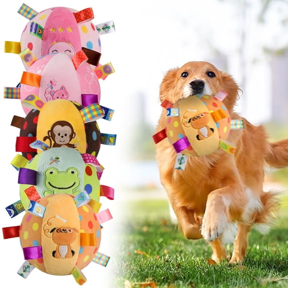 HomelyJoy Squeaky Dog Toy Ball, 6 Inch Interactive Plush Chew Toy with Built In Bell and Elastic Strap for Indoor Outdoor Training and Fetch Play