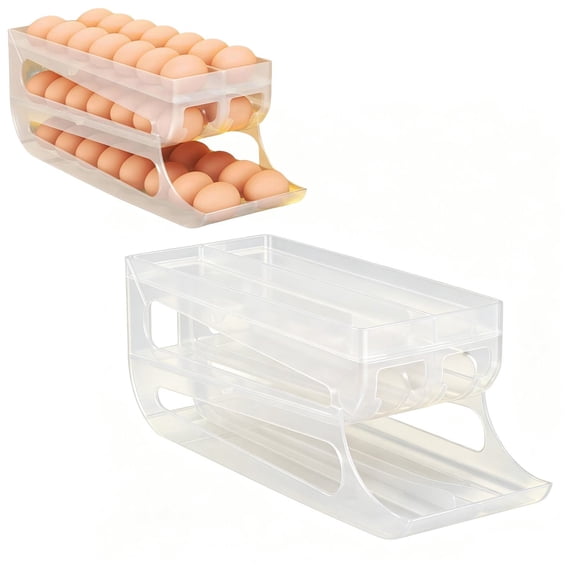 HomelyJoy Transparent Rolling Egg Storage Box, Auto Slide Refrigerator Egg Holder, Space Saving 2 Tier Fridge Organizer Tray
