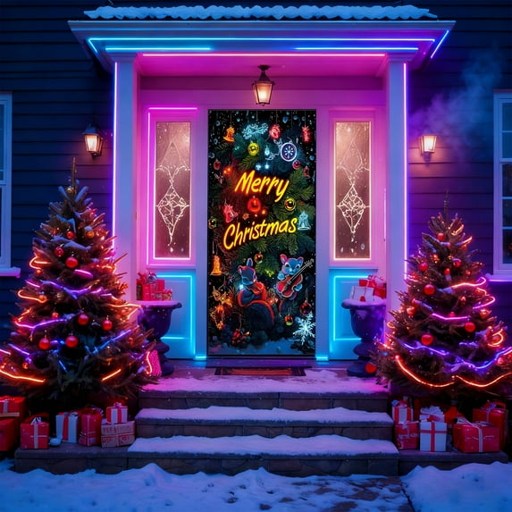 HomelyJoy UV Activated Christmas Garage Cover Glow in Dark 2D Flat Banner with Santa Elf for Outdoor Indoor Xmas Party Decoration