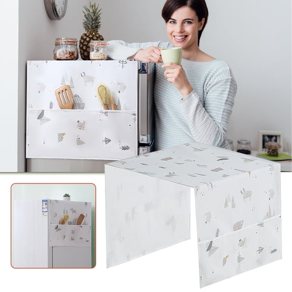 HomelyJoy Upright Freezer Cover Waterproof PEVA Refrigerator Top Dust Cover with 6 Storage Pockets, Washable Fridge Protective Mat Cloth for Kitchen Cabinet, 1 pc