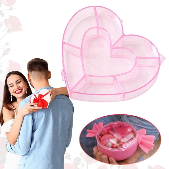 HomelyJoy Valentines Candy Dish 1 Pack Heart Shaped Pink Jar with Lid Multi Compartment Fillable Candy Container for Valentine Decor Tabletop Storage 6.22*4.6 in