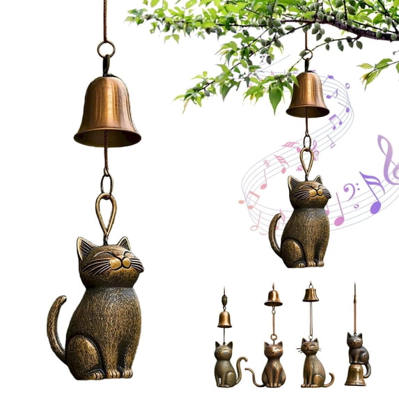HomelyJoy Vintage Cat Wind Chime, Decorative Metal Hanging Bell for Garden and Porch, Rustic Bronze Tone Cat Lover Gift, 5.91x1 in