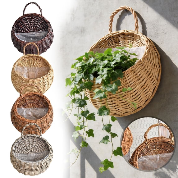HomelyJoy Wall Hanging Flower Basket, Woven Rattan Planter Pots with Handle, Gray Boho Wicker Basket for Plant Storage Garden Front Door Home Decor, 8.66 x 7 in