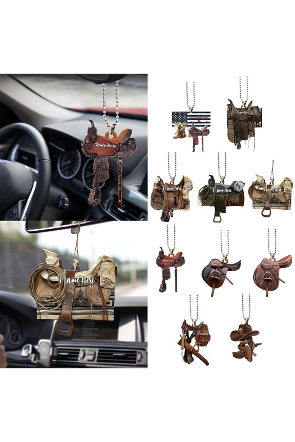 Western Cowboy Saddle Car Rear View Mirror Ornament, Acrylic Hanging Pendant for Auto Interior and Keychain, Rustic Decor for Christmas Trees, 3.15x3.15 in