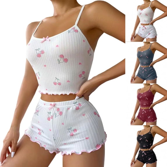 HomelyJoy Women White Cherry Print Pajama Set, Sleeveless Crop Top and Shorts Ribbed Sleepwear Lounge Set for Summer,L