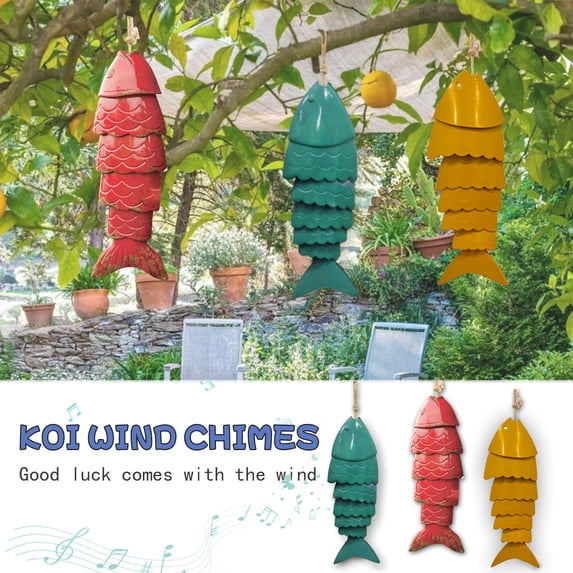 HomelyJoy Yellow Metal Koi Fish Wind Chime, Artistic Hanging Bell Ornament for Garden and Porch, Weather Resistant Japanese Style Decor, 7.07x2.36 in