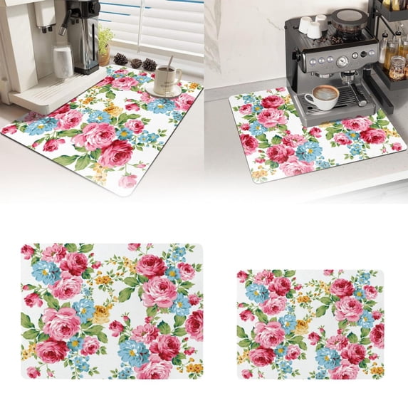 Homelyt Coffee Bar Mat Absorbent Rubber Drying Mat for Kitchen Counter Flower Decor Stain Hide Dish Draining Pad Fit Under Coffee Maker