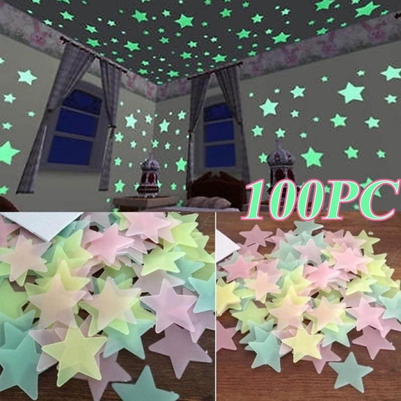 Homelyt Glow In The Dark Stars Wall Stickers 100 Pcs Plastic Fluorescent Noctilucent Luminous Decals for Home Ceiling Bedroom Wall Art Room Decor