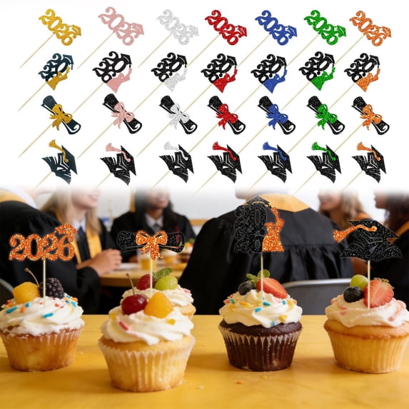Homelyt Graduation Cupcake Toppers 2026 24 Pack Glitter Diploma and Cap Cake Picks Graduation Party Decorations for Commencement