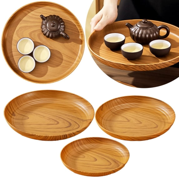 Homelyt Japanese Tea Tray Plastic Wood Grain Serving Tray Thickened Round Tea Saucer for Cup and Plate Dessert Tray Home Decor Tray for Living Room Kitchen