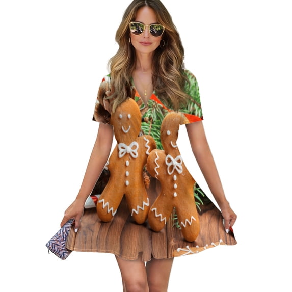 Homemade Christmas Gingerbread Man Cookies Women Dress V-Neck Short Sleeve Flowy Swing Party Midi Dress