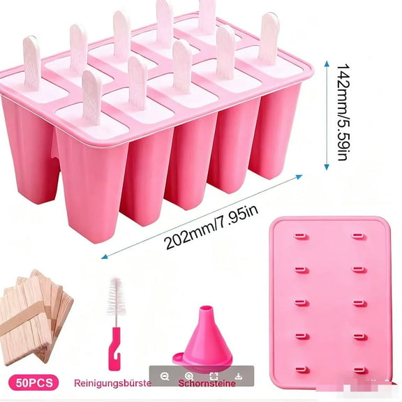 Homemade Popsicle Molds, 10-Cav Non-BPA Silicone Ice Pop Maker, with 50 Sticks, 50 Bags, 10 Reusable Sticks, Funnel, Brush and Ice Pop Recipe (Red)