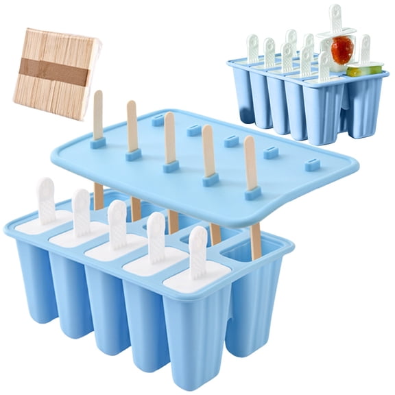 Homemade Silicone Popsicle Mold,Ice Pop Maker with Lid 10 Cavity,For DIY Frozen Fruit Juice & Pudding Bars,1PC,Blue