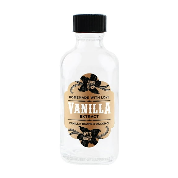 Homemade Vanilla Extract Labels with 2 oz Bottles - Vanilla Beans & Alcohol - Handmade by Conquest of Happiness | Pack of 18