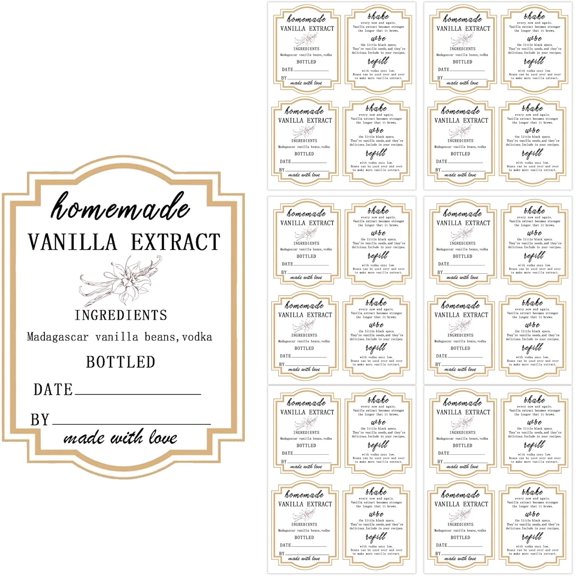 Homemade Vanilla Extract Stickers,1.52 Inches Square Instruction Labels Madagascar Beans and Vodka Extract Stickers for Handcrafted Vanilla Bottles,Jar Kitchen Pantry,48 Pcs(2 Designs)