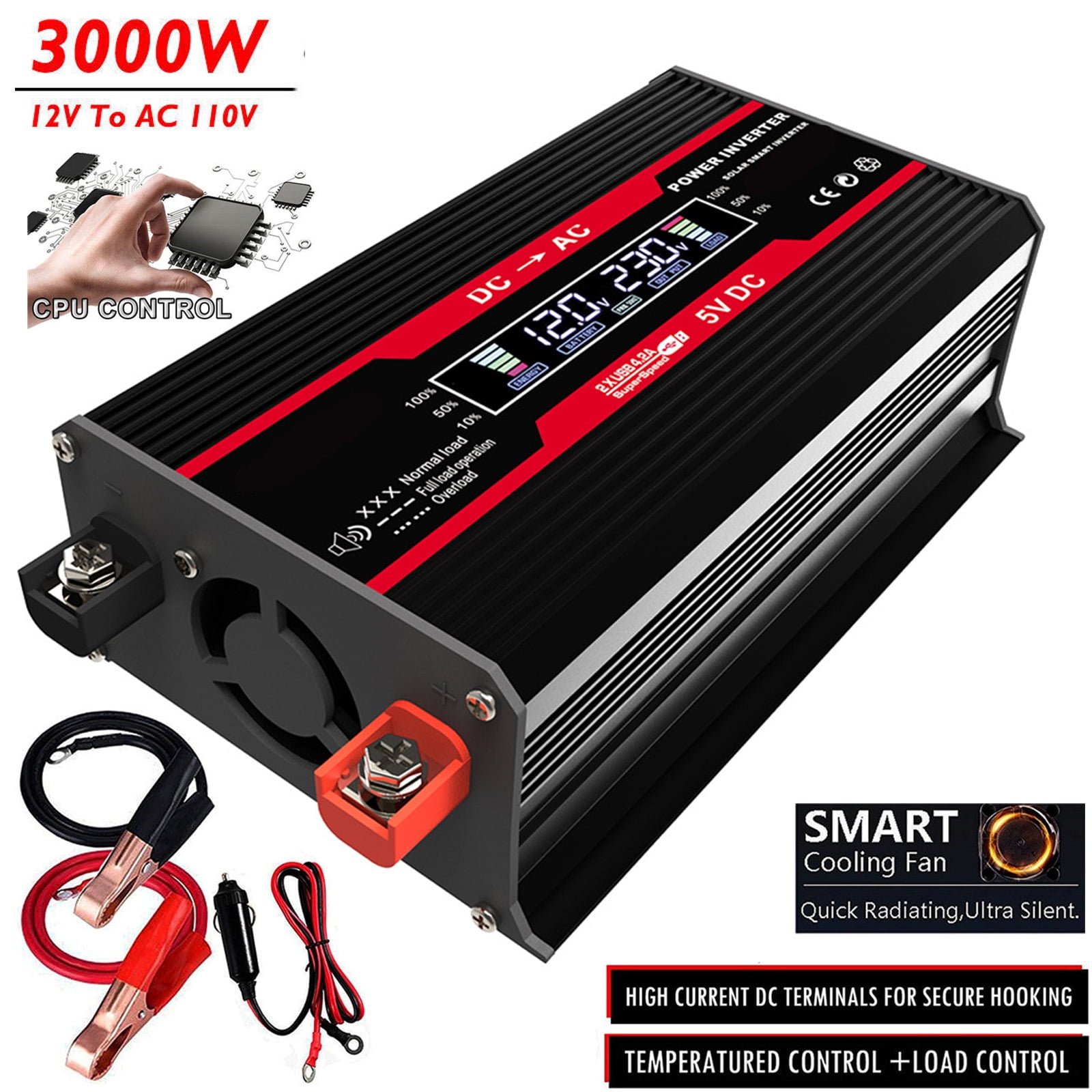 Homemart 3000W Car Power Inverter DC 12V To AC 110V Pure Sine Wave Solar Converter LCD Display