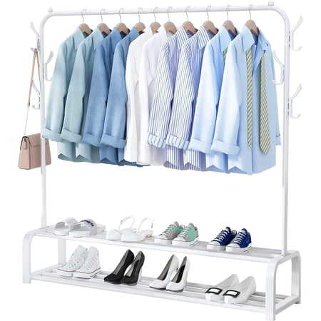 Homemart Clothes Rack, Garment Rack Free-standing Clothes Rack with Top Rod,Lower Storage and 6 Hooks, White