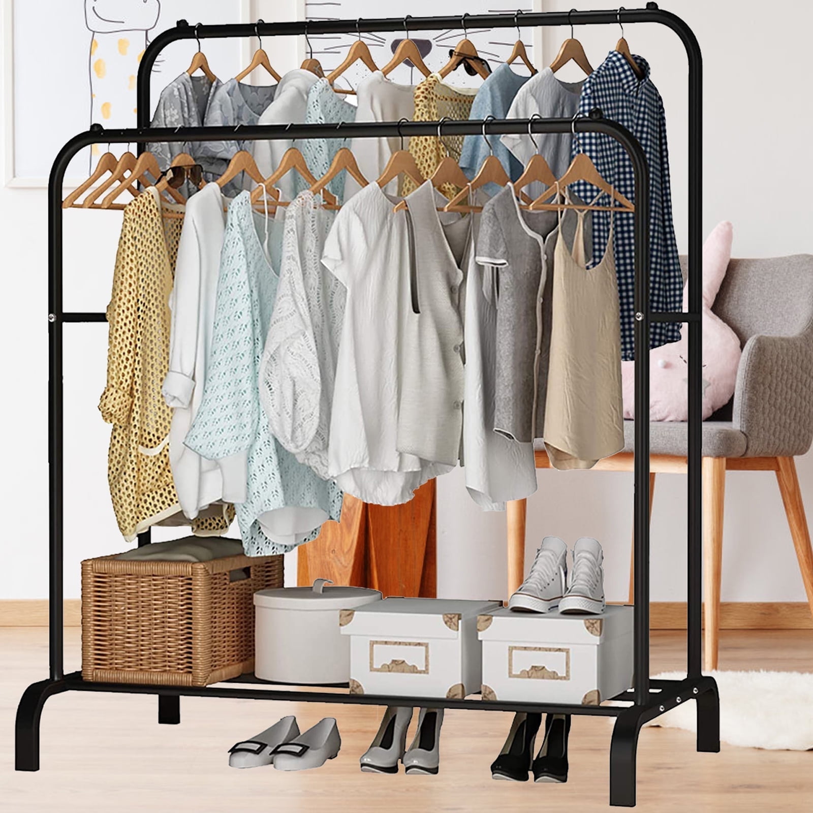 Homemart Clothes Rack without Wheels Double Garment Rack Rolling Rack for Indoor Bedroom Portable Closet 2 Pole Iron Clothes Hanger Rack Modern