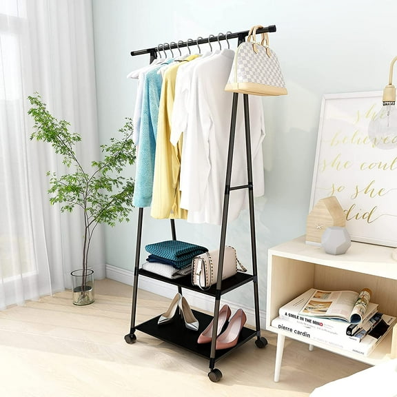 Homemart Multi-function Triangle Coat Rack Portable Rolling Hanger Stand Rack Clothes Garment Rack with 2-Tier Shoe Storage Shelves Drying Organizer Rack with Wheels