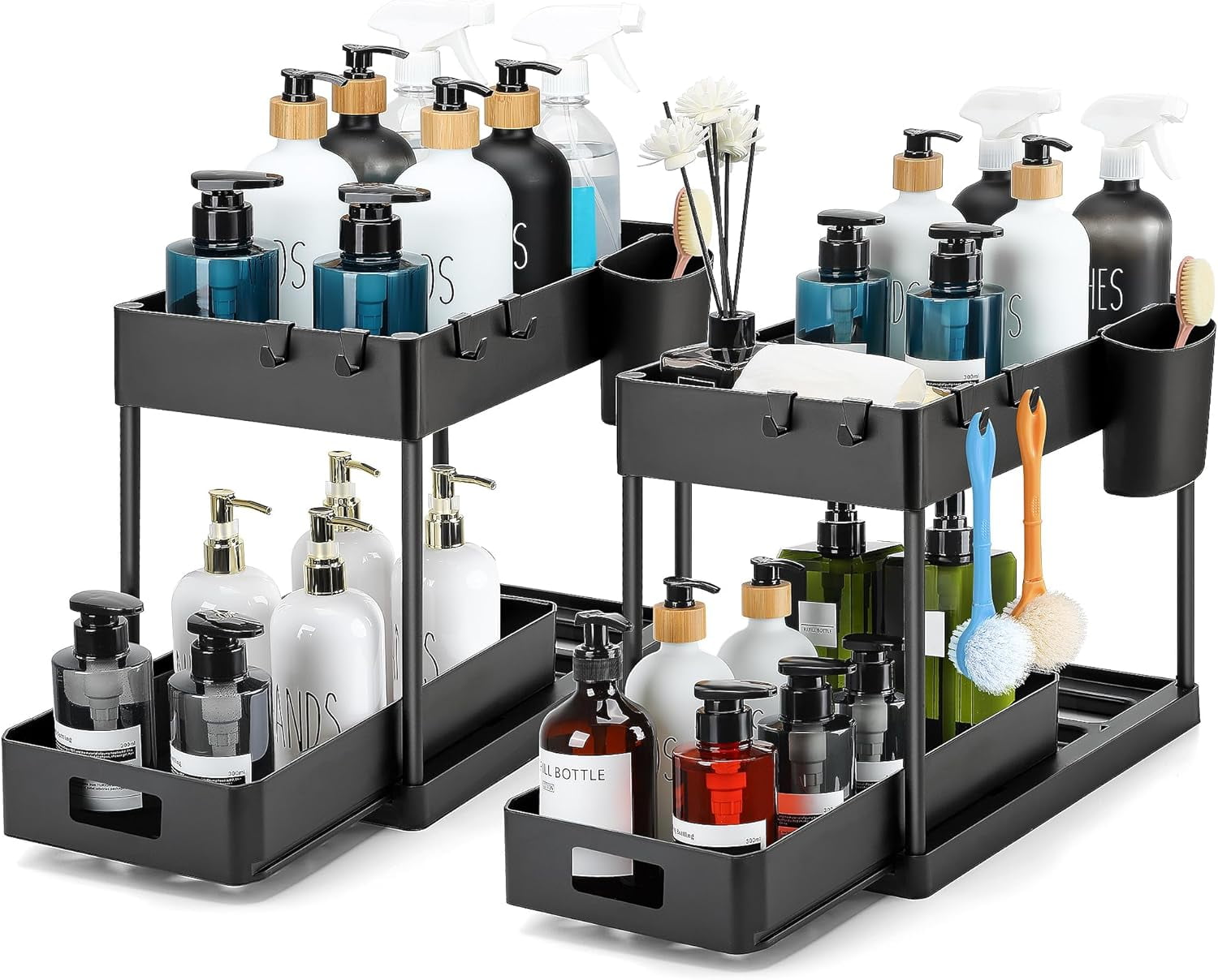 Black Double Sliding 2-Tier Under Sink Organizer with Hooks