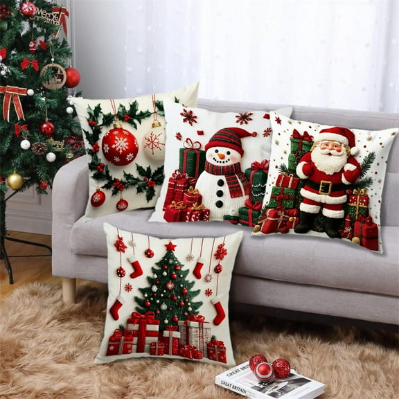 Homemoh 18x18 Christmas Throw Pillow Covers Set of 4, Xmas Decorations Cushion, Santa Claus Snowman Pillowcase, Winter Holiday Decorative Pillow Case, Indoor Home Bedroom Sofa Couch Decor