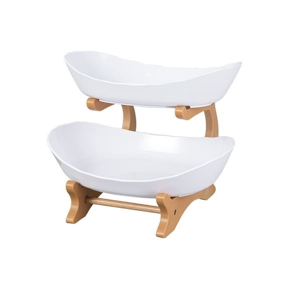 Homemoh 2 Tier Countertop Fruit Basket Organizer, Oval Fruit Basket with Bamboo Stand, Tiered Fruit Bowl for Fruit Vegetable Storage Snack Nuts Cake Dessert