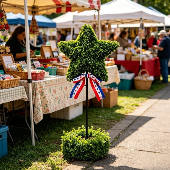 Homemoh 27" Patriotic Star Topiary Tree, Artificial Boxwood Tree Star Shaped Topiary with Red White Blue Bow, 4th of July Independence Day Porch Decor