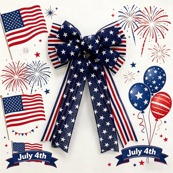 Homemoh 4th of July Patriotic Decorations Bows with Red White Blue Stars & Stripes, American Flag Burlap Ribbon Bows for Wreath & Tree Topper, Independence Day Memorial Day Veterans Day Decor