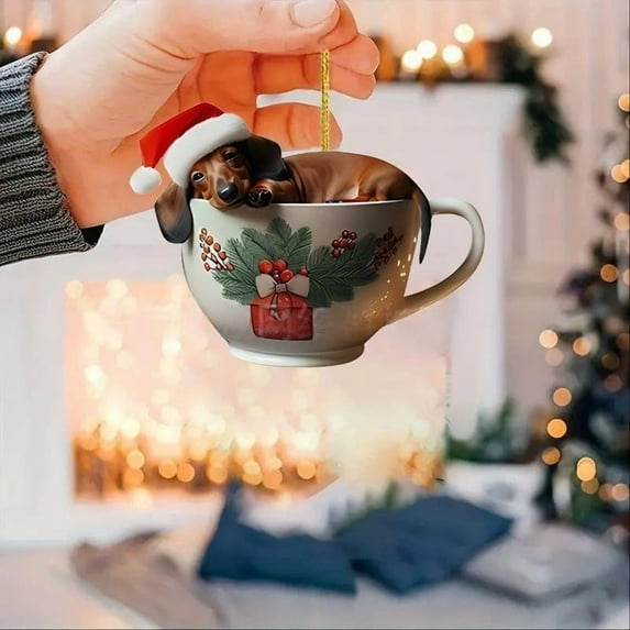 Homemoh Christmas Dachshund Ornament, Playful and Sleepy Puppy, Christmas Puppy in Mugs Christmas Decorations, Acrylic Christmas Decor, Personalized Christmas Ornaments for Dog Lovers