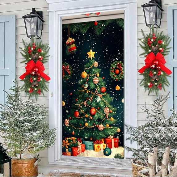 Homemoh Christmas Door Cover Doors Decorations Winter Holiday Door Cover Front Doors Decorations for Xmas New Year Holiday House Porch Sign Supplies 35 × 82 Inches