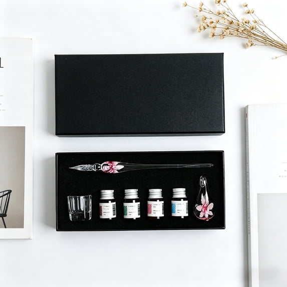 Homemoh Glass Dipped Pen Ink Set, Crystal Elegant Flower Signature Ink Pen, Calligraphy Pen Set with Pen Holder for Signatures, Gift Cards Writing, Calligraphy Beginners