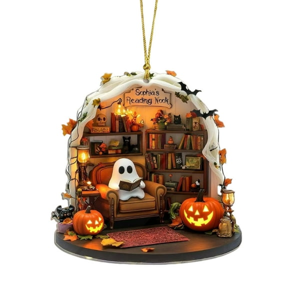 Homemoh Halloween Ghost Read Book with Pumpkin Ornament, Halloween Spooky Ornament, Reading Room Christmas Ornament, Halloween Ghost 2D Acrylic Flat Hangings Gift for Book Lovers