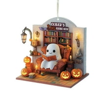 Homemoh Halloween Ghost Read Book with Pumpkin Ornament, Halloween Spooky Ornament, Reading Room Christmas Ornament, Halloween Ghost 2D Acrylic Flat Hangings Gift for Book Lovers
