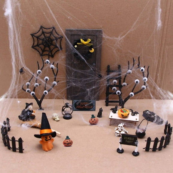 Homemoh Halloween Village Accessories Mini 55 Piece Halloween Resin Toy Set Include Pumpkins Skeletons Scary Dead Warlock Tombstones Coffin Spiders Pine Trees Fence Figurines for Hallowmas Decor