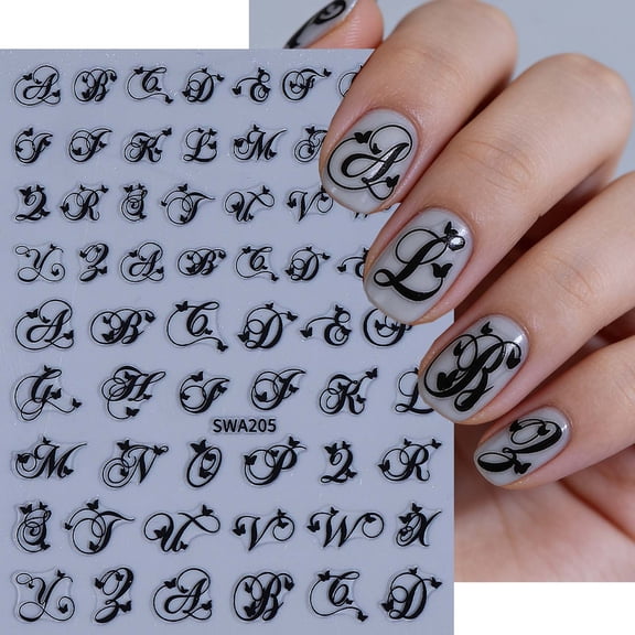 Homemoh Letter Nail Stickers 3D Self-Adhesive Gold Silver Black White Retro English Pattern Old Alphabet Cursive Design Nail Supplies Manicure Accessories for Women