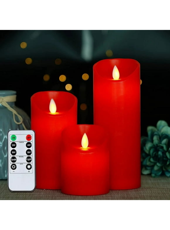 Homemory 3PCS Red Flameless Candles -Real Wax Flickering LED Candles - Battery Operated with Remote and Timer - Moving Wick