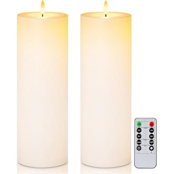 Homemory Flameless Pillar Candles Waterproof Outdoor Battery Operated LED with Remote and Timer, White, Set of 2, 4 x 12 Inch
