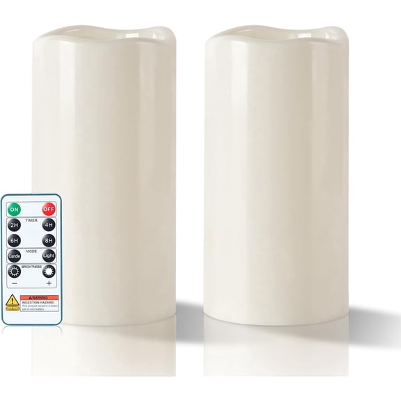 Homemory 4" x 8" Outdoor Flameless Candles, Waterproof LED Pillar Candles with Remote. Long Lasting, Large, Set of 2