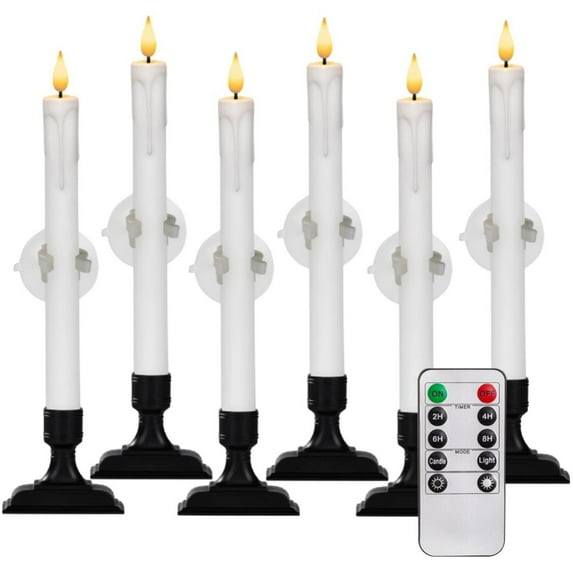 Homemory 6 Pcs Window Candles with Remote Timer Dimmer, Battery Operated Taper Candles with Holders and Suctions, White Christmas Candles for Window, Flameless Candlesticks for Xmas Holiday Decor