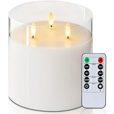 Homemory 6X6'' Extra Large Flameless Candle with 3 Wicks, Glass LED Pillar Candle, Real Wax Battery Operated Candle with Remote Control and Timer, Pure White