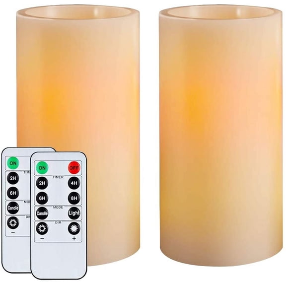 Homemory 7"x3" Flameless Candles Battery Operated, Amber Yellow Light,Realistic Wax LED Pillar Candles with 2 Remote Controls & Cycling 24-Hour Timer, Long Battery Life, Set of 2, Ivory, Indoor Only