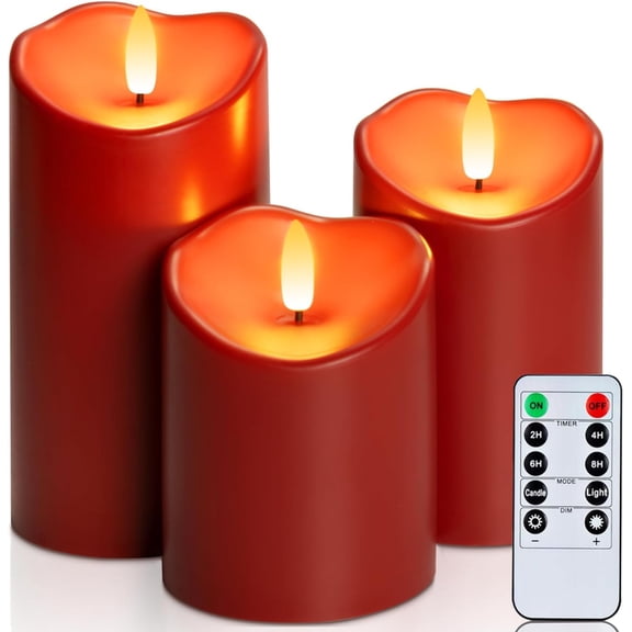 Homemory Burgundy Flameless Candles, Waterproof Flickering Flameless Candles, Outdoor Battery Operated LED Pillar Candles with Remote Timer, Electric Fake Plastic Candles, D3 x H4 5" 6", Red, 3 Pack