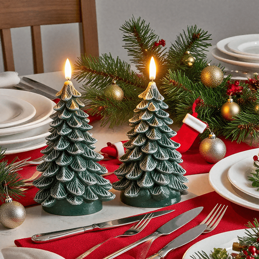 Homemory Christmas Tree Candles with 6 Hours Timer, 2 Pcs Waxy LED Flameless Candles Flickering, Green Electric Candles Battery Operated for New Year Celebration Holiday Decorations 8.5 Inches