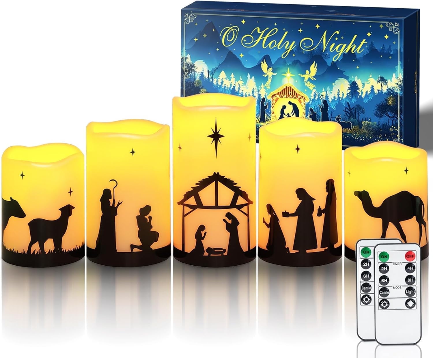 Homemory Flameless Christmas Nativity Scene Candles, Battery Operated LED Pillar Religion Candles, with Remote and Timer, Set of 5