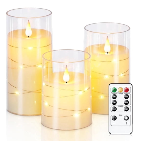 Homemory Flameless Pillar Candles With String Lights, Battery Operated, LED, Ivory White, Set of 3