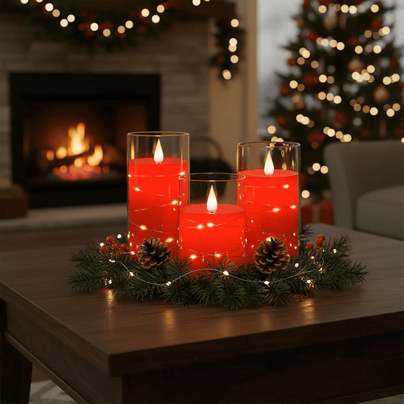 Homemory Flickering Flameless Pillar Candles LED Battery Operated Timer Red Set of 3