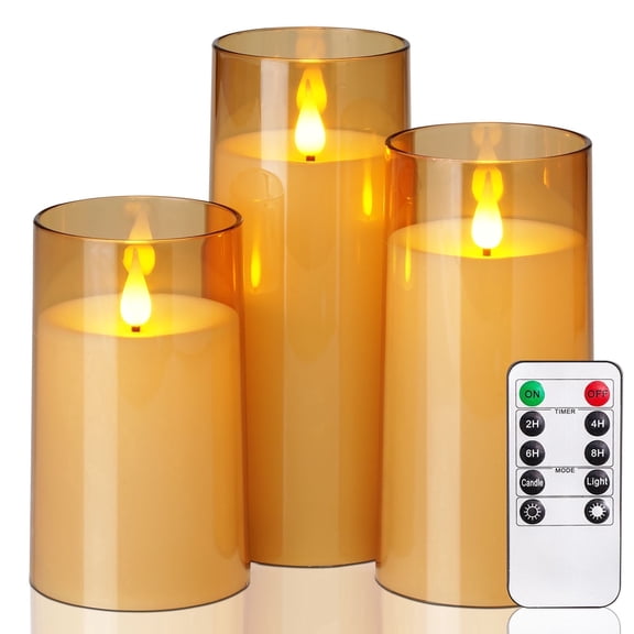 Homemory Gold Flameless Candles, Battery Operated Acrylic LED Pillar Candles with Remote Control and Timer, Set of 3