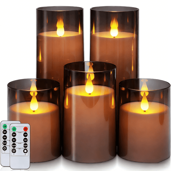 Homemory Gray Flickering Flameless Candles, Battery Operated Acrylic LED Pillar Candles with Remote Control and Timer, Set of 5