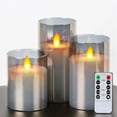 thumbnail image 1 of Homemory Gray Realistic Glass LED Pillar Candles with Remote Control and Timer, Flickering Flameless Pillar Candles, Battery Operated, Moving Flame, Set of 3, 1 of 8