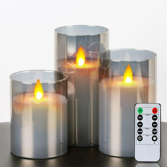Homemory Gray Realistic Glass LED Pillar Candles with Remote Control and Timer, Flickering Flameless Pillar Candles, Battery Operated, Moving Flame, Set of 3